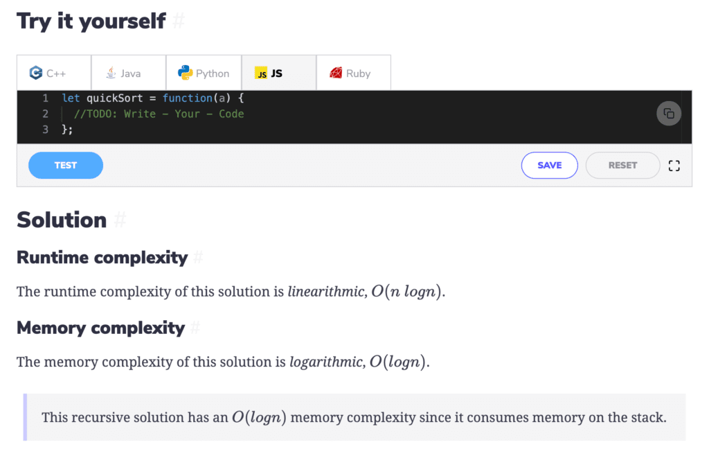 Coderust Quicksort challenge with multiple language support screenshot