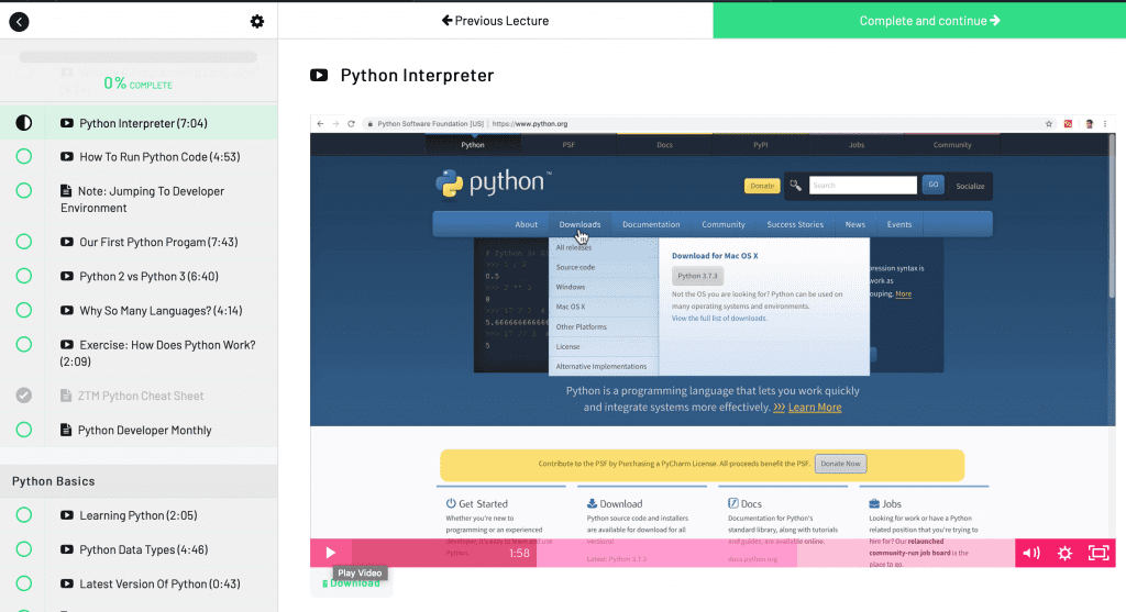 Andrei Neagoie's Python course instruction page highlighting how to set up a Python environment