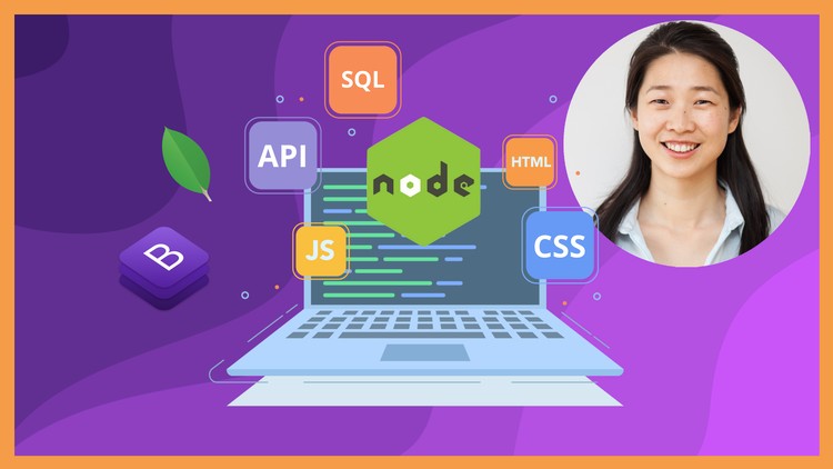 Udemy course creator Angela Yu next to a laptop computer with various web technologies like SQL Node HTML CSS Bootstrap and JavaScript