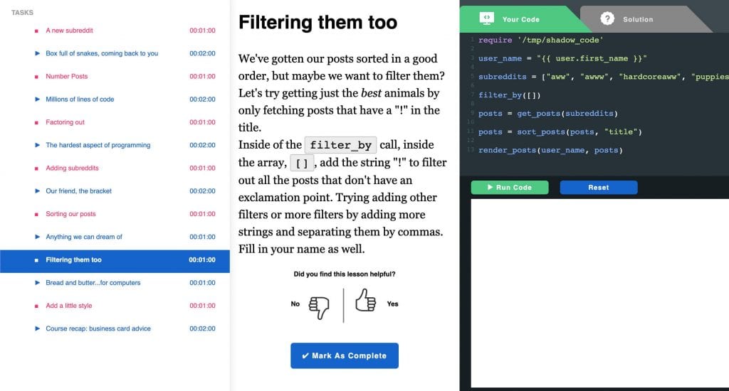 Filtering an array on App Academy Open using an interactive code editor