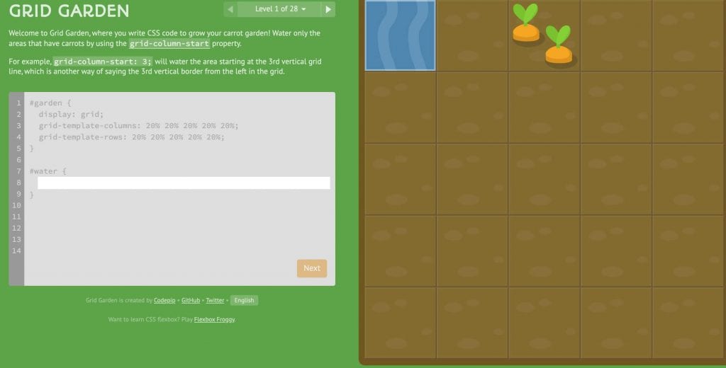CSS Grid Garden teaching students to learn to code for free with carrots in dirt patch
