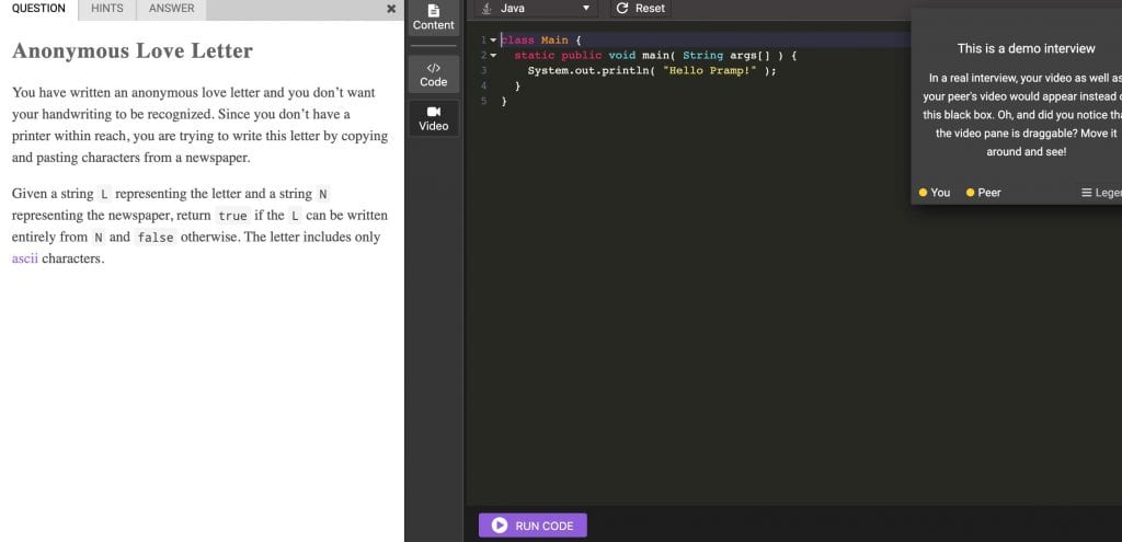 Pramp Interview Practice with interactive code editor