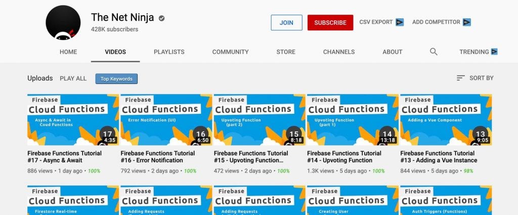 The Net Ninja YouTube channel with Firebase videos showing developers how to learn to code for free