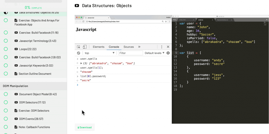 data structures and objects examples from the complete web developer in 2020 zero to mastery chapter