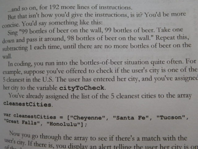 excerpt from A Smarter Way to Learn JavaScript using "99 Bottles of Beer" as an example of for loops