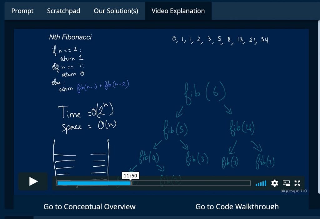 AlgoExpert control panel with video explanation of Nth Fibonacci