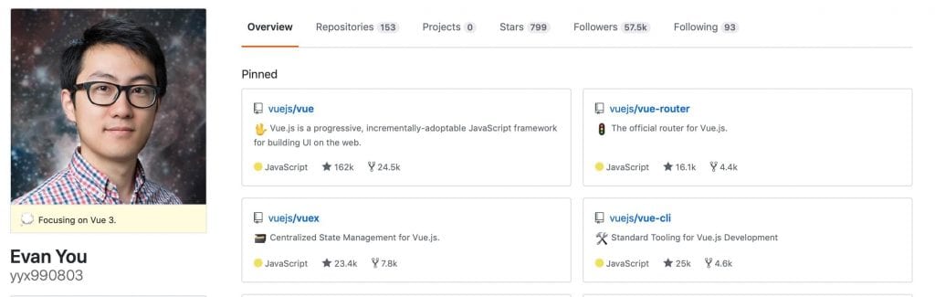 Evan You GitHub landing page, best known for developing Vue during his web developer career