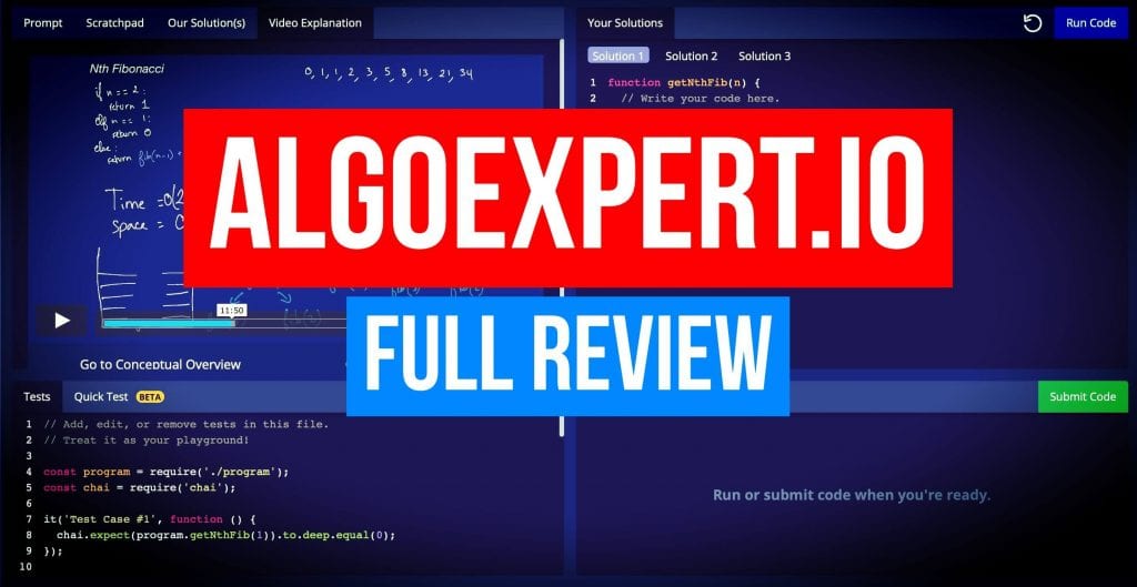 AlgoExpert control panel with code, video and solution file