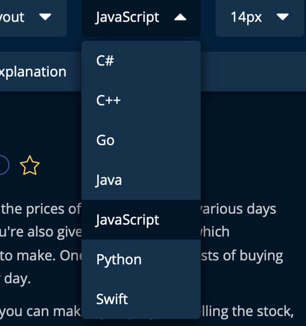 AlgoExpert language choices on student control panel