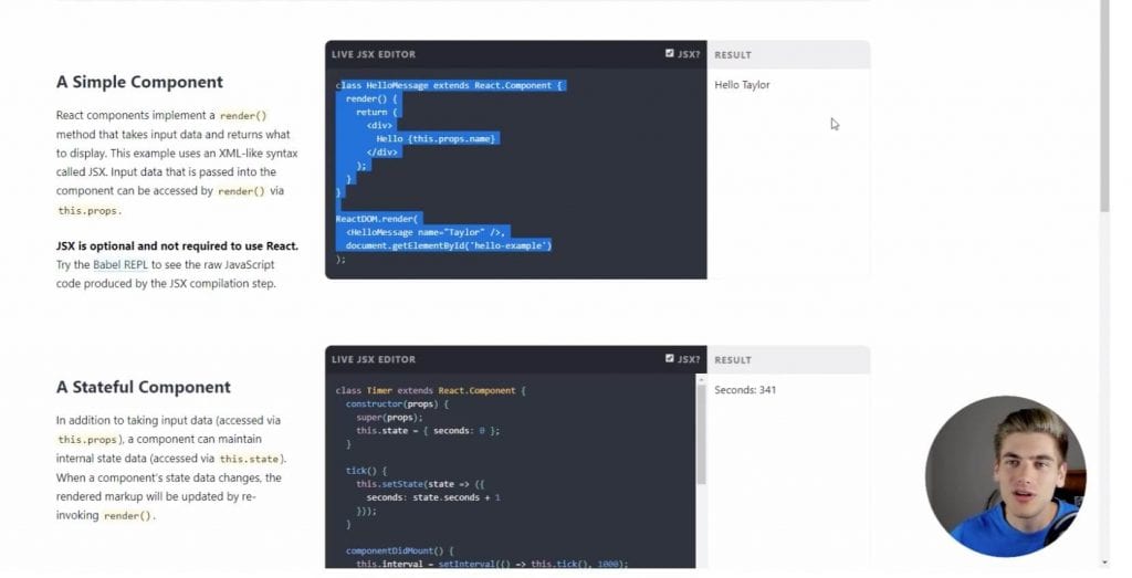 a simple react component next to a stateful component in a code editor from learn react today.