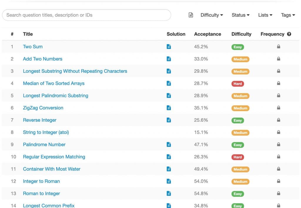 list of leetcode coding problems