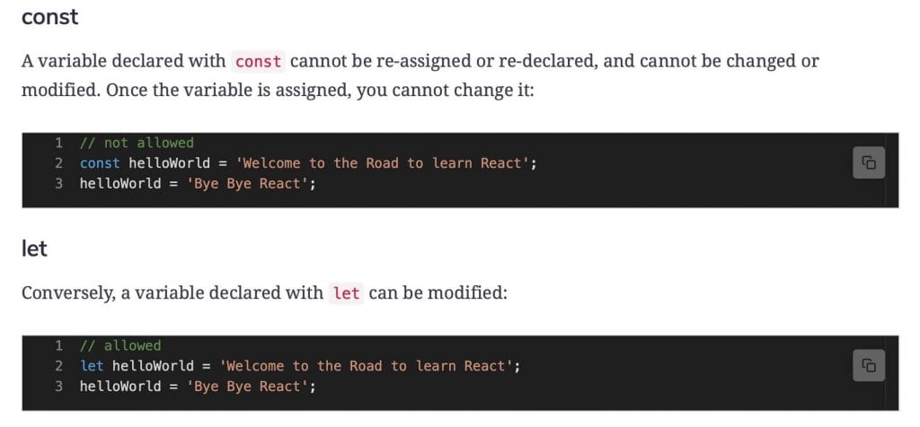 code editors showing the difference between JavaScript const and let