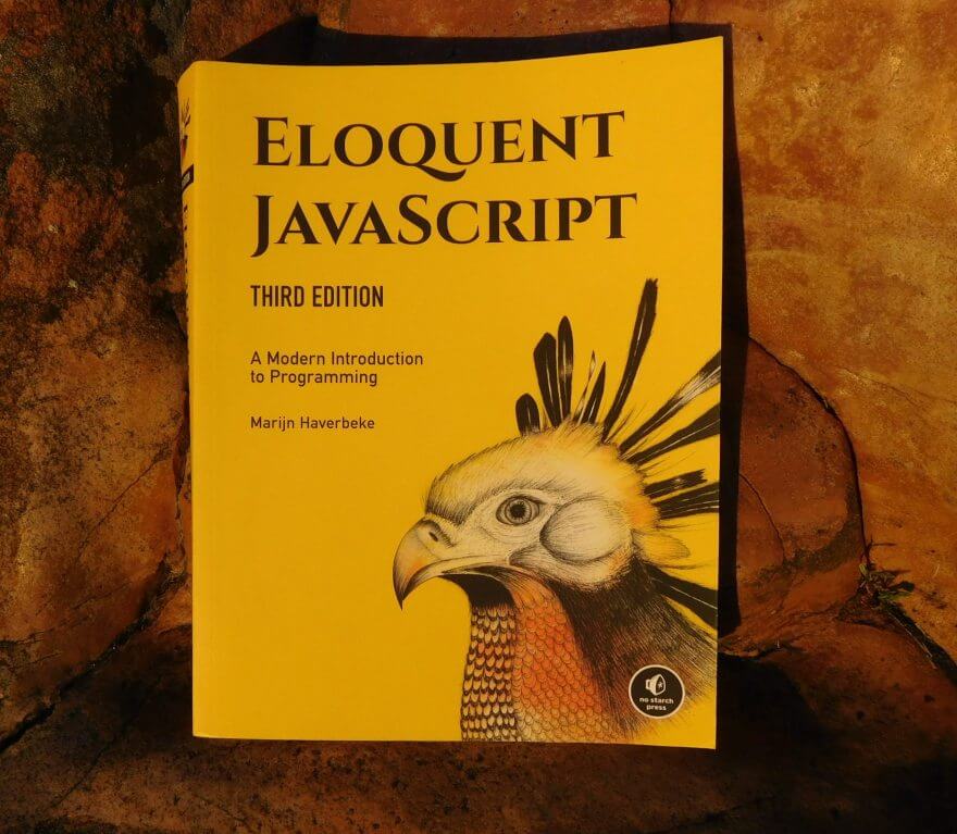 cover of book Eloquent JavaScript book 3rd edition with peackock with rock background