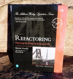 cover of book Refactoring by Martin Fowler sitting on rock