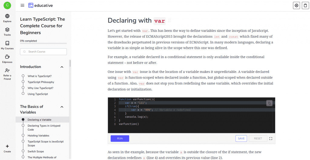 code for declaring a variable in TypeScript courses for beginners