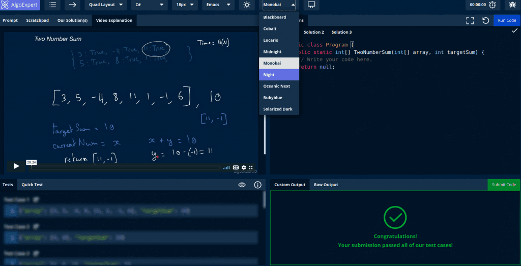 4-pane integrated workstation environment in AlgoExpert