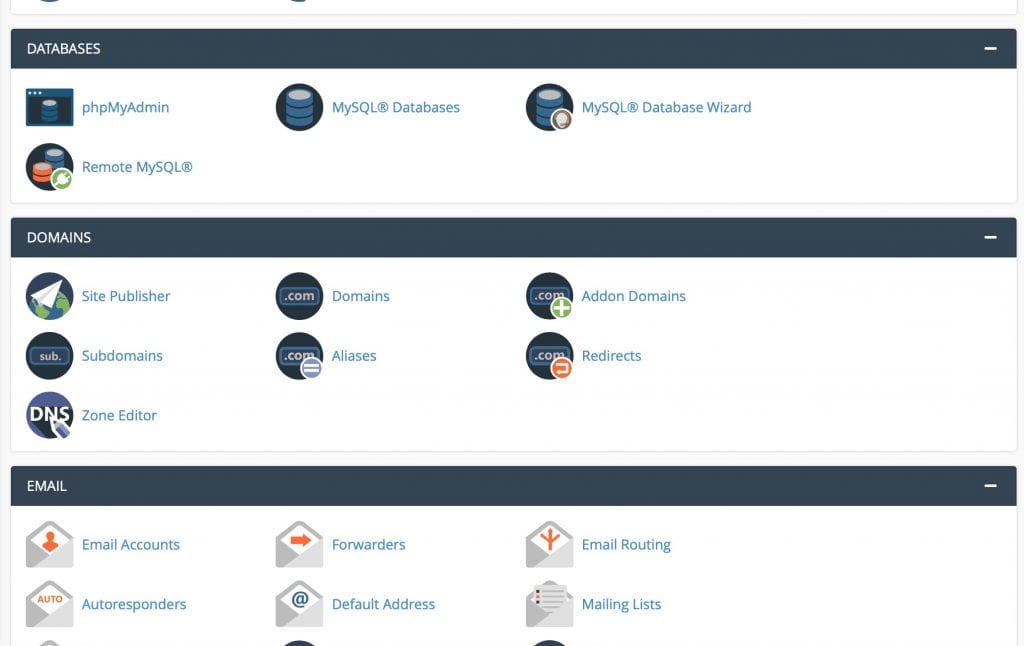 cpanel from namecheap featuring sections for databases, domains, email and other best php hosting options