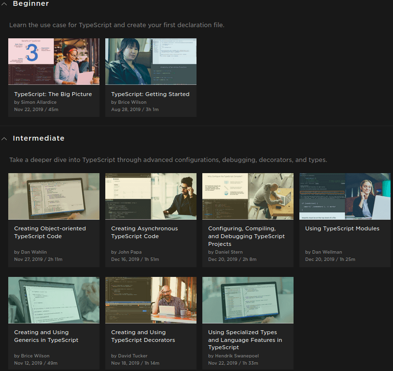 images of 9 TypeScript courses available on Pluralsight's learning track
