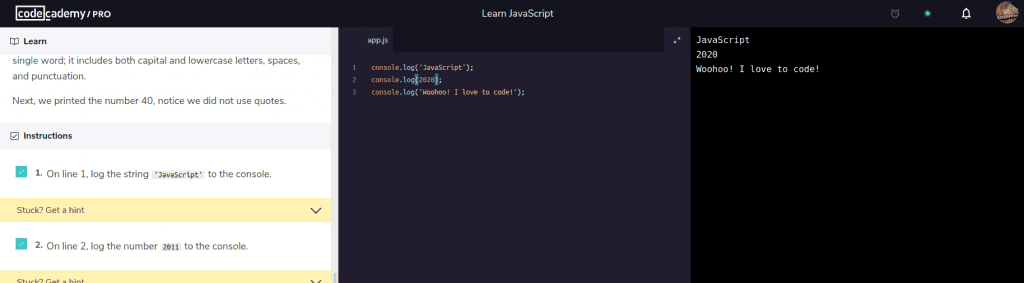 JavaScript instruction, code editor, and results in Codecademy Pro