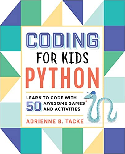 book cover Coding for Kids: Python with a blue snake wearing baseball cap