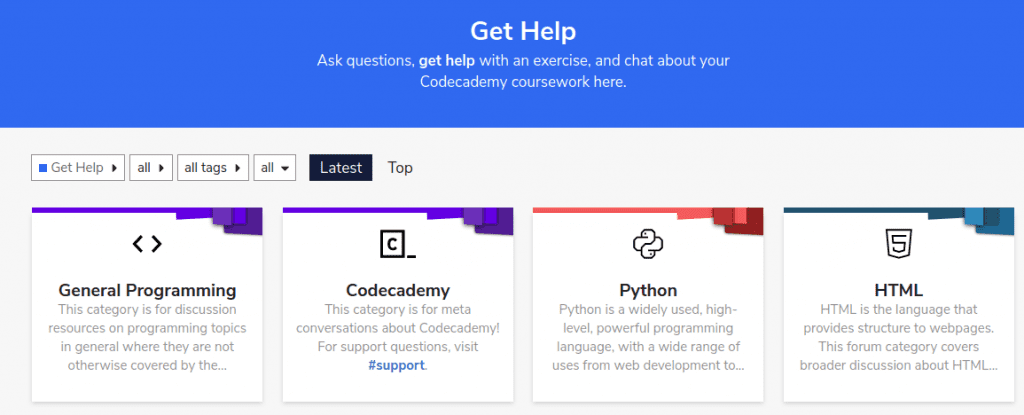 Get Help forum page with four panels of topics General Programming, Codecademy, Python, HTML