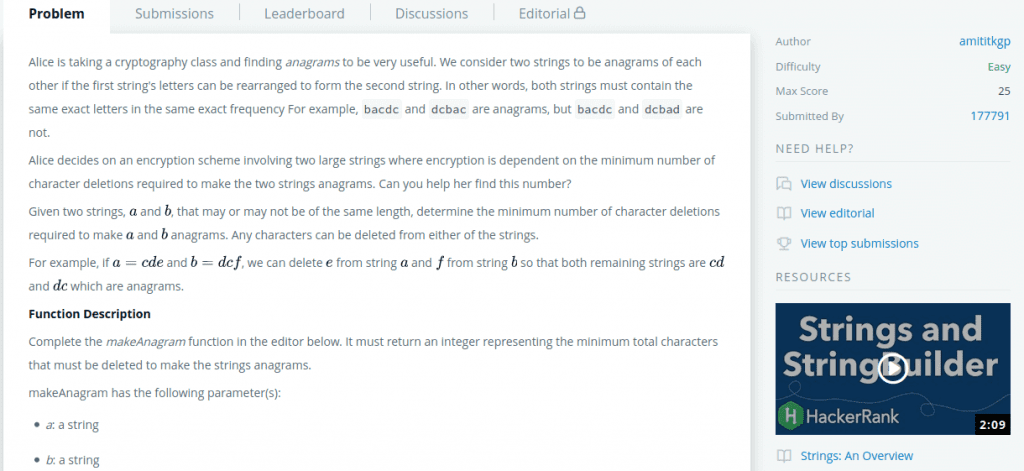 HackerRank anagrams problem with function description when considering AlgoExpert vs LeetCode vs HackerRank