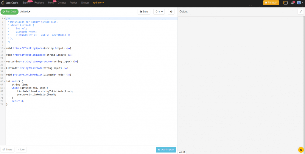 student coding environment on LeetCode with black and blue syntax and white background