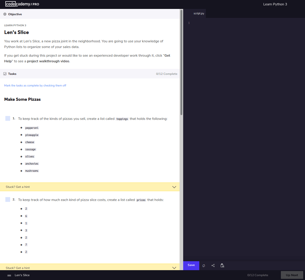 Len's Slice instructions to code a list of pizza toppings into code editor on Codecademy Pro