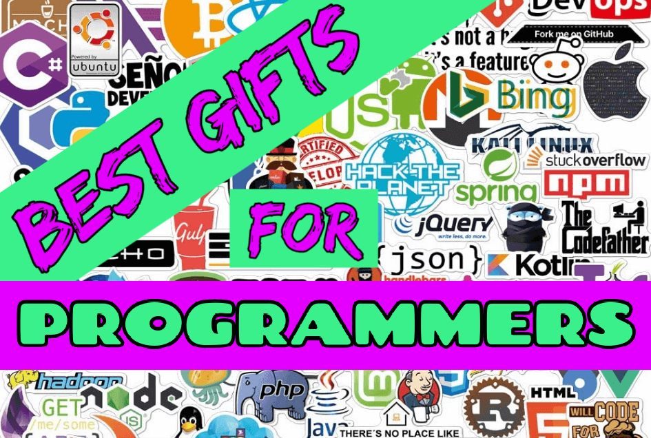 layers of stickers of prgramming languages and computer companies with overlying text Best Gifts for Programmers in purple and seafoam