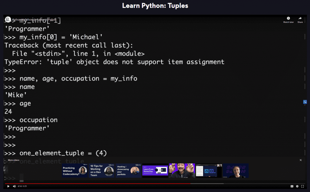 Tuples code in Python 3 explanation from Codecademy Pro