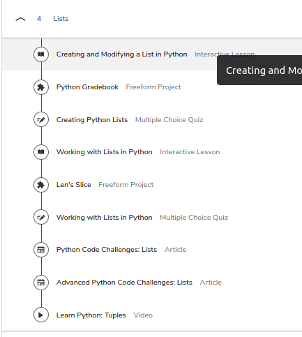 course lesson outline for lists in Python 3 on Codecademy Pro