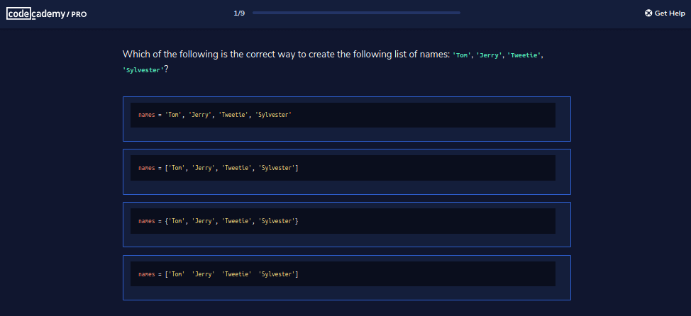 multiple choice on lists in Codecademy Pro