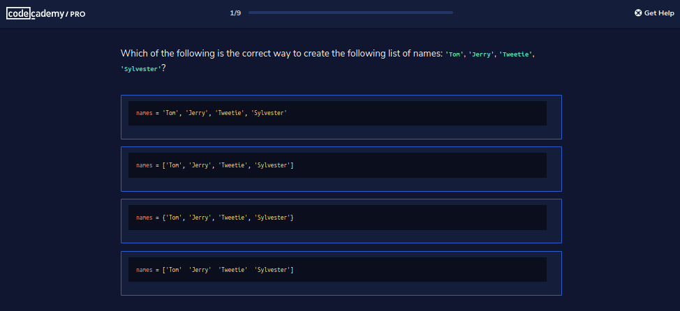 multiple choice quiz on lists in Codecademy Pro