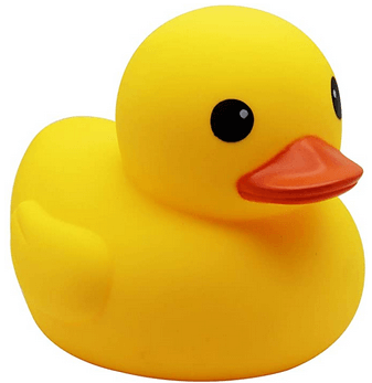 yellow rubber duck with black eyes and orange bill