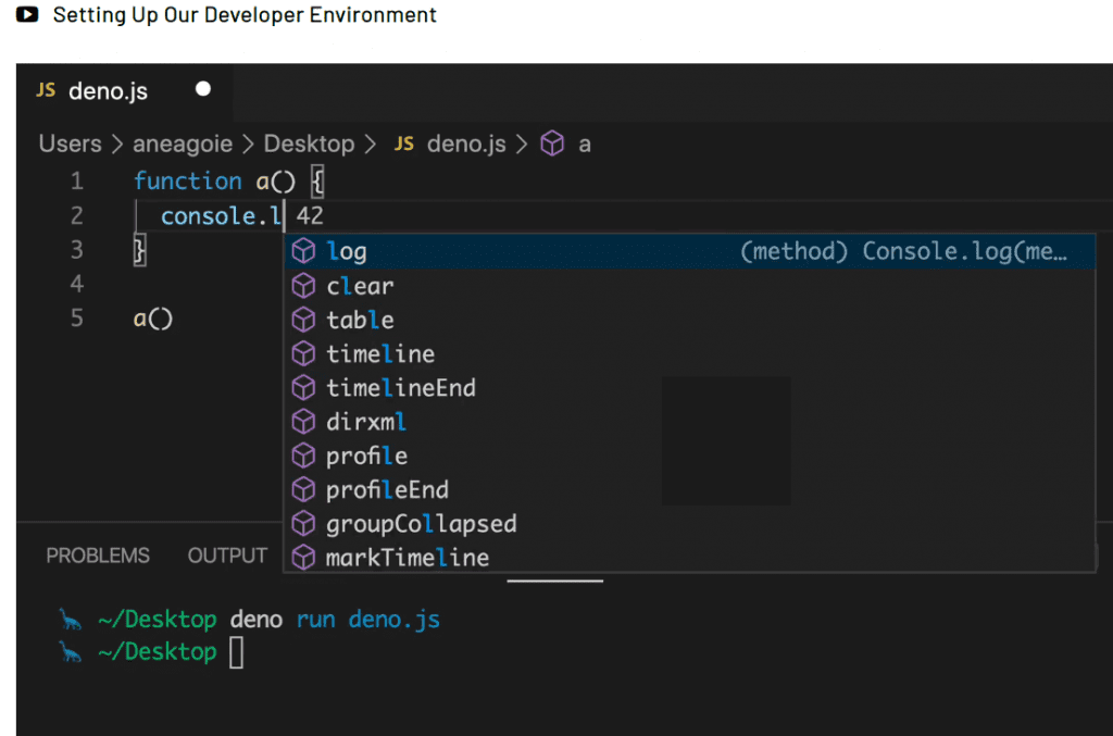 developer environment with black background and various colors of syntax in Deno course