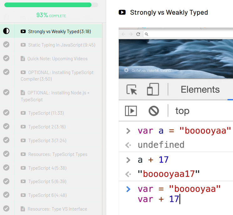 Strongly vs. Weakly Typed Typescript Deno course lesson video example with var code