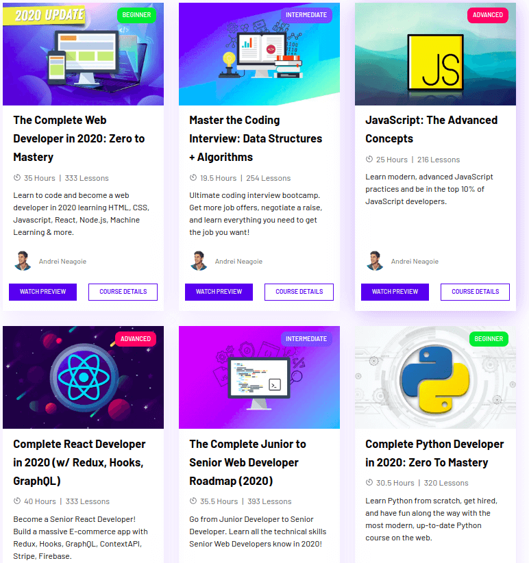 6 programming courses with thumbnails on Zero to Mastery platform