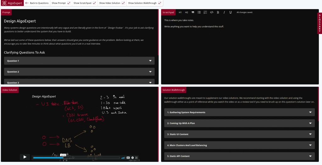 4-pane integrated workspace with top left prompt, top right scratchpad, bottom left video solution, bottom right solution walkthrough