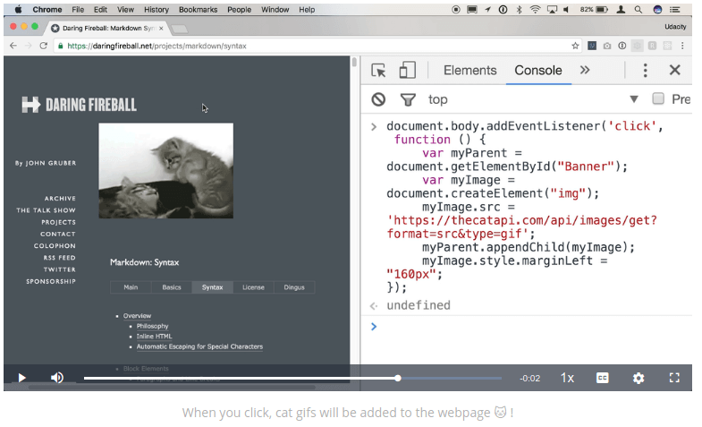 Udacity video example of code with image of kittens in Codecademy vs Udacity