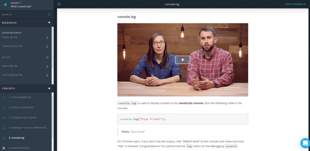 Udacity student environment with JavaScript course lessons on left with video center of man and woman talking