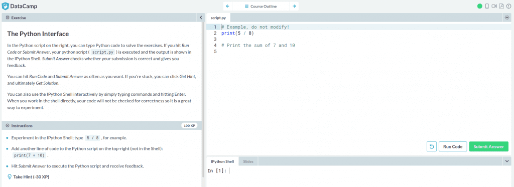 Is DataCamp worth it? The Python Interface explanations, instructions and coding editor
