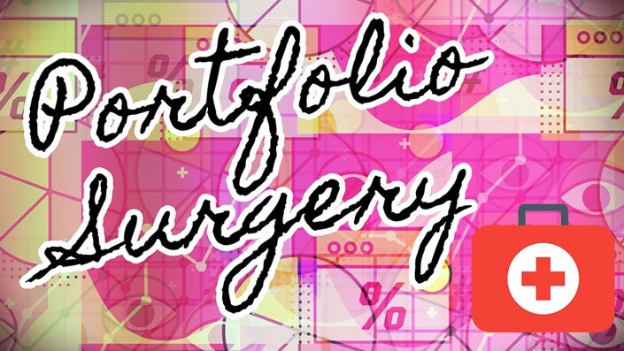 multi-pink and yellow background with Portfolio Surgery in black cursive for junior web developer portfolios