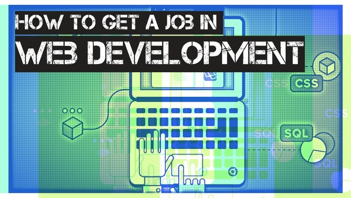 how to get a job in web development on realtoughcandy.io text over cartoon image of hands typing on laptop