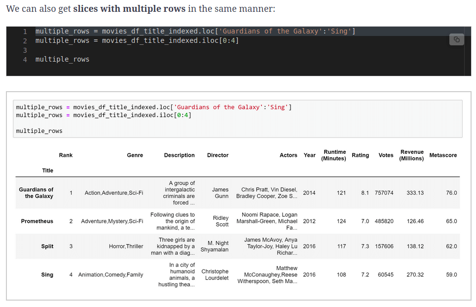 Multiple rows Pandas dark mode code with graph of movie stats beneath