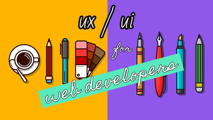 ux/ui for web developers with cartoon pens and pencils yellow purple seafoam