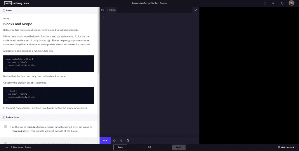 Codecademy Front-End Engineer blocks and scope lesson with code editor