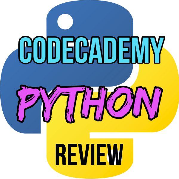 Codecademy Python Review in red and grey text with Python logo in background