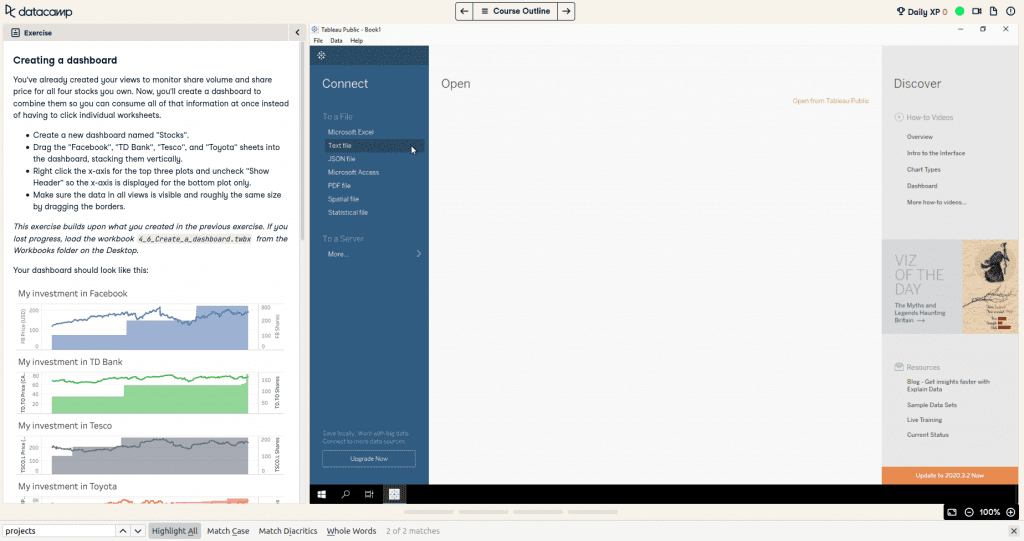 Creating dashboard instructions and Tableau interface in Datacamp Tableau course