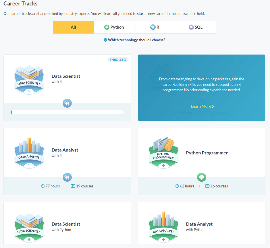 DataCamp review career tracks list of 6 with thumbnails