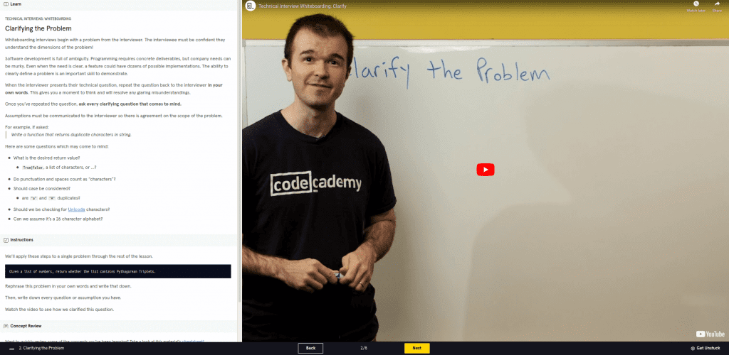 Clarifying the problem with video of man in front of whiteboard Codecademy Python review